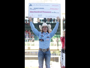 2018 Calgary Stampede Barrel Racing Champion Hailey Kinsel, from Cotulla, TX, celebrates on Sunday, July 15, 2018. Dean Pilling/Postmedia