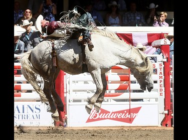 Richie Champion from Dublin, TX, wins  the Bareback Championships on day 10 of the 2018 Calgary Stampede rodeo on Sunday July 15, 2018. Darren Makowichuk/Postmedia
