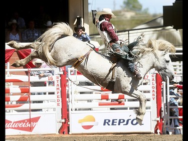 Richie Champion from Dublin, TX, wins  the Bareback Championships on day 10 of the 2018 Calgary Stampede rodeo on Sunday July 15, 2018. Darren Makowichuk/Postmedia