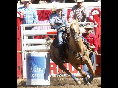 Hailey Kinsel from Cotulla,TX, wins the Barrel Racing Championships on day 10 of the 2018 Calgary Stampede rodeo on Sunday July 15, 2018. Darren Makowichuk/Postmedia