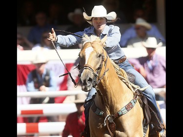 Hailey Kinsel from Cotulla,TX, wins the Barrel Racing Championships on day 10 of the 2018 Calgary Stampede rodeo on Sunday July 15, 2018. Darren Makowichuk/Postmedia