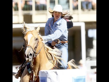 Hailey Kinsel from Cotulla,TX, wins the Barrel Racing Championships on day 10 of the 2018 Calgary Stampede rodeo on Sunday July 15, 2018. Darren Makowichuk/Postmedia