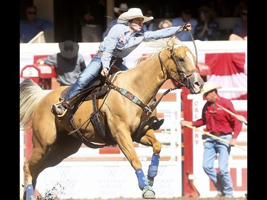 Hailey Kinsel from Cotulla,TX, wins the Barrel Racing Championships on day 10 of the 2018 Calgary Stampede rodeo on Sunday July 15, 2018. Darren Makowichuk/Postmedia