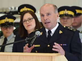 Todd Shean, Deputy Commissioner, Commanding Officer Alberta RCMP and Kathleen Ganley (L) Minister of Justice and Solicitor General announcing a seven-point plan to help reduce rural crime in the province, in Edmonton, March 9, 2018. He is one of three Alberta policing leaders in the province leaving the scene in the next year.