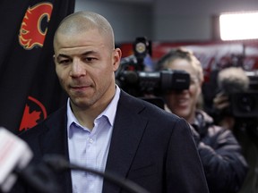 Former Calgary Flames' captain Jarome Iginla enters a news conference following the team's announcement that he is being traded to the Pittsburgh Penguins on March 28, 2013.