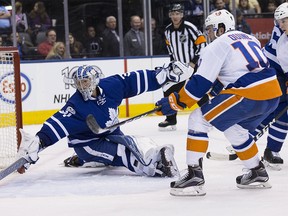 Toronto Maple Leafs goalie Frederik Andersen (31) stops New York Islanders center Alan Quine (10)   in Toronto on Tuesday February 14, 2017. Craig Robertson/Toronto Sun/Postmedia Network