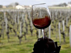 In this file photo taken on April 10, 2018 a person shows red wine during a wine tasting session at the Chateau La Dominique in Saint-Emilion, southwestern France, during the 'Semaine des Primeurs' to present wines from the Bordeaux region.