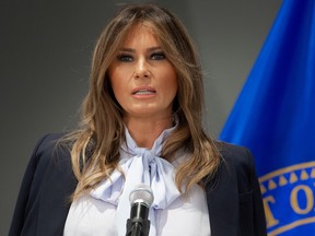 US First Lady Melania Trump speaks during the Federal Partners in Bullying Prevention (FPBP) Cyberbullying Prevention Summit at the US Health Resources and Services Administration building in Rockville, Maryland, August 20, 2018.