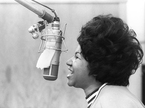 Soul singer Aretha Franklin sings in the Atlantic Records studio during 'The Weight' recording session on Jan. 9, 1969 in New York City.