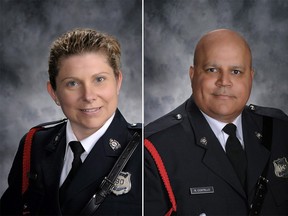 Const. Sara Burns, 43 (L), and Const. Robb Costello, 45 (R), are shown in these undated police handout photo. Fredericton police have identified two police officers who were among four people killed in a shooting Friday morning in a residential area on the city's north side. Police Chief Leanne Fitch says the victims include Const. Robb Costello and Const. Sara Burns and two civilians - a man and a woman - who remain unidentified. THE CANADIAN PRESS/HO - Fredericton Police Force ORG XMIT: CPT131