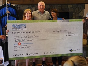 The 11th Annual Remington Charity Golf Classic Aug. 22 at Stewart Creek Golf Course in Canmore was the most successful to date, raising $600,000 for the centre. The tournament has now raised more than $3.6 million since inception. Pictured, from left, Prostate Cancer Centre executive director Pam Heard, Remington Development's Randy Remington and Prostate Cancer Centre's Linda MacNaughton. Photo, Bill Brooks