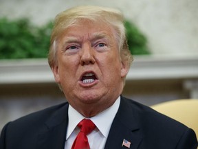 President Donald Trump speaks during a meeting in the Oval Office of the White House, Thursday, May 17, 2018, in Washington.