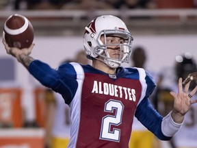 Montreal Alouettes quarterback Johnny Manziel fires a pass during third quarter CFL football action against the Hamilton Tiger-Cats in Montreal on Friday, August 3, 2018. THE CANADIAN PRESS/Paul Chiasson ORG XMIT: pch111