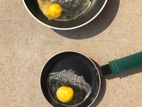 Frying eggs at the Calgary Herald building in the heat of the day on August 10, 2018.