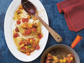 Pan-Seared Halibut with Cherry Tomatoes and Basil from Once Upon a Chef, the Cookbook by Jennifer Segal.