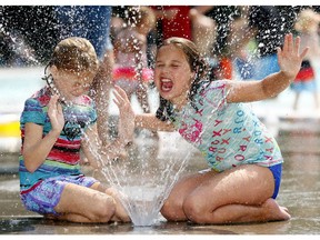 Sienna Henderson, 8, and Taylor Olesko, 9, cool down at the Bowness Park wading pool last week.