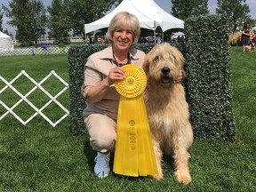 Bev Yanover poses with her Otterhound, Gio, after he came in third place at the Alberta Sporting Hound Association specialty at the Alberta Kennel Club dog show on Aug. 3, 2018. Courtesy Bev Yanover.