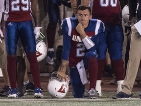 Montreal Alouettes quarterback Johnny Manziel is seen on the sidelines during fourth quarter CFL football action against the Hamilton Tiger-Cats in Montreal on Friday, Aug. 3, 2018.