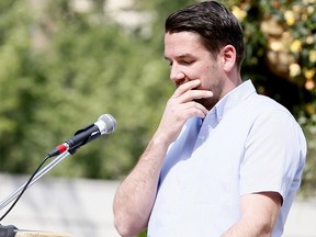 Councillor of Ward 8, Evan Woolley gets emotional speaking of his brother he lost as hundreds came out for International Overdose Awareness Day Invitation at City Hall as Calgary continues to lose hundreds of citizens each year to drug poisoning on Friday August 31, 2018. Darren Makowichuk/Postmedia