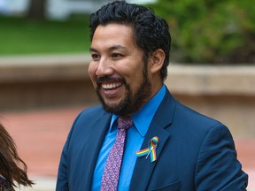 MLA Ricardo Miranda attends the Pride flag raising celebrating Pride Week outside the McDougall Centre in Calgary on Monday, August 27, 2018.