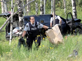 RCMP investigate after a motorist was shot while driving on Highway 1A near Morley and than ended up in a cluster of trees on Thursday August 2, 2018.