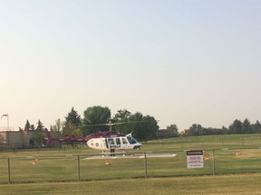 A HALO Rescue helicopter lands at the hospital in Taber, Alta. Photo submitted by TPN Relief Services Inc.