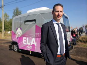 Dan Finley, VP of Business Development at Pacific Western during the launch of the first autonomous shuttle in Western Canada called ELA, Electric Autonomous at Telus Spark in Calgary, on Wednesday September 5, 2018. Leah Hennel/Postmedia