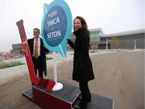 Brookfield Residential CEO Trent Edwards, left and YMCA Calgary President and CEO Shannon Doram announce the new YMCA at Seton.