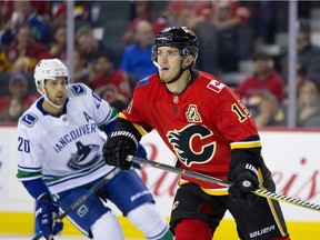 Calgary Flames Matthew Tkachuk , right, during their game against the Vancouver Canucks at the Scotiabank Saddledome in Calgary, Alta. on Saturday September 22, 2018. Leah Hennel/Postmedia