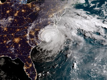 IN SPACE - SEPTEMBER 14:  In this NOAA satellite handout image , shows Hurricane Florence as it made landfall near Wrightsville Beach, North Carolina on September 14, 2018. The National Hurricane Center reported Florence had sustained winds of 90 mph at landfall and was moving slowly westward at 6 mph.