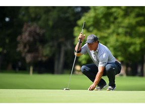 GRAND BLANC, MI - SEPTEMBER 16:   Scott McCarron lines up a putt on the first green during the final round of the Ally Challenge presented by McLaren at Warwick Hills Golf & Country Club on September 16, 2018 in Grand Blanc, Michigan.