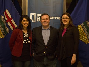 United Conservative Party leader Jason Kenney, middle, poses for a photo with Chestermere-Rocky View UCP MLA Leela Aheer, left, and Airdrie UCP MLA Angela Pitt following a meet and greet on Sunday, Feb. 25, 2018 at Apple Creek Golf Course.