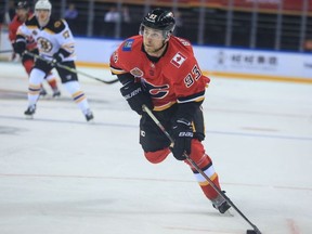 Calgary Flames' Sam Bennett drives the puck during their 2018 NHL China Games match against Boston Bruins in Shenzhen in China's southern Guangdong province on September 15, 2018.