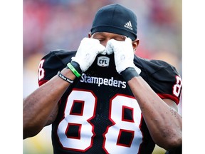 Calgary Stampeders Kamar Jorden is helped off the field after suffering leg injury against the Edmonton Eskimos during the Labour Day Classic in Calgary on Monday, September 3, 2018. Al Charest/Postmedia