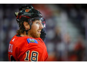 Calgary Flames James Neal during the pre-game skate before facing the San Jose Sharks in NHL pre-season hockey at the Scotiabank Saddledome in Calgary on Tuesday, September 25, 2018. Al Charest/Postmedia