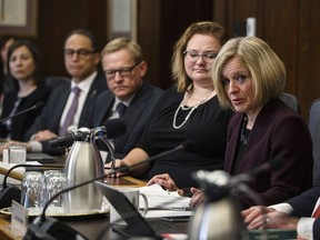 Premier Rachel Notley addresses the NDP cabinet about the Trans Mountain pipeline expansion in Edmonton on April 9, 2018.