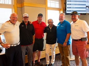 Pictured from left, at the second annual Alberta Cancer Foundation Golf Classic are event co-chair  Tom Crist; Dallas Crist; Derrick Hunter; Kham Lin; ACF president and CEO George Andrews; and Jack Stricharuk.