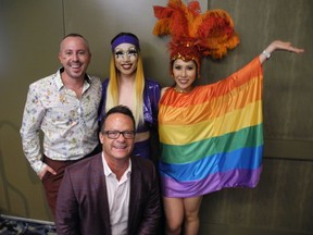 Sashay Fillet, Calgary's newest drag-meets-culinary event held Aug. 30 at Hotel Arts, was a feast for the senses. Pictured, from left, are Eat North's  Dan Clapson, Hotel Arts Brian Brownlee, celebrity co-hosts Yuhua Yamasaki of RuPaul's Drag Race Season 10 and Top Chef Canada's Mijune Pak. Photo, Bill Brooks