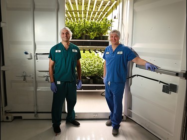 Master grower Bill Vasilakakos, left and president David Isaak of Boaz Crafting Cannabis were photographed in front of one of the company's grow pods in Calgary on Wednesday September 26, 2018. Gavin Young/Postmedia