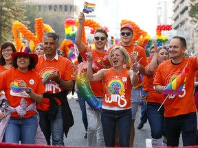Rachel Notley takes part in the 2018 Pride Parade in downtown Calgary on Sunday, Sept. 2, 2018.