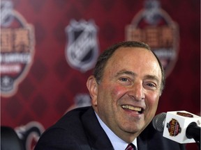 NHL Commissioner Gary Bettman attends a press conference before an NHL China Games hockey game between the Boston Bruins and the Calgary Flames in Shenzhen in southern China's Guangdong province, Saturday, Sept. 15, 2018. (Color China Photo via AP) ORG XMIT: XMAS803
