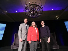 (L-R) John Adams, Executive Assistant Director, Information and Technology Branch, FBI, Janice Hamby, Past Chancellor, US National Defense University College of Information and Cyberspace, and Dr Chris White, Principal Reasearcher and Partner, Microsoft are shown a session during the 2018 Global Business Forum at the Fairmount Banff Springs in Banff, Alberta on Thursday, September 27, 2018. Jim Wells/Postmedia