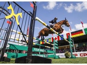 Egypt's Sameh El Dahan rides Suma's Zorro to victory during the CP International competition at the Spruce Meadows Masters in Calgary, Alta., Sunday, Sept. 9, 2018.THE CANADIAN PRESS/Jeff McIntosh ORG XMIT: JMC112
