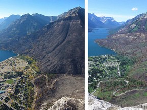 Photos of the Waterton Parks townsite after the Kenow wildfire and a year later. Courtesy Parks Canada