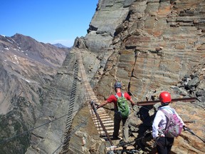 The death-defying suspension bridge on the Mount Nimbus via ferrata. Photo, Andrew Penner