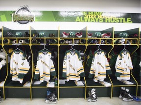 The inside of the Humboldt Broncos locker room is pictured Wednesday, September, 12, 2018. The Broncos will host the Nipawin Hawks during the season home opener tonight, the first home game since a bus accident killing 16.