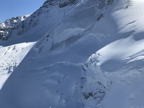 An avalanche on Mount Athabasca in Jasper National Park swept up two climbers Wednesday morning. They were transported to hospital with serious but non-life threatening injuries. (Provided by Parks Canada)