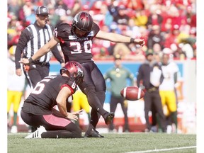 Calgary Stampeders, Rene Paredes kicks one of several field goals against the Edmonton Eskimos in second half action during the Labour Day Classic at McMahon stadium in Calgary on Monday. Photo by Darren Makowichuk/Postmedia