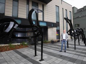 Developer Brad J. Lamb stands with the artwork installation titled Land of Horses, by Chilean artist Francisco Gazitua, in front of 6th and Tenth.