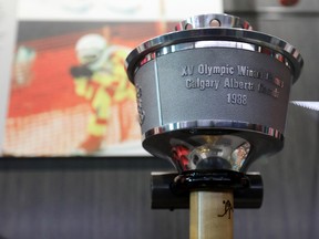 The 1988 Olympic torch on display in Canada's Sports Hall of Fame at Winsport in Calgary on Wednesday, Sept. 12, 2018.